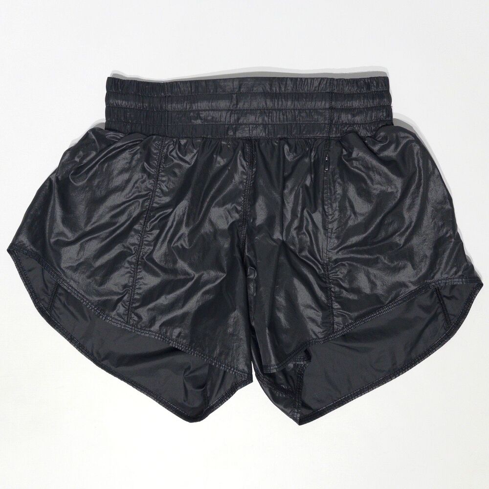 Lululemon Black Shiny Athletic Shorts Wide Leg Zip Pocket Women Size 4 (A6)
